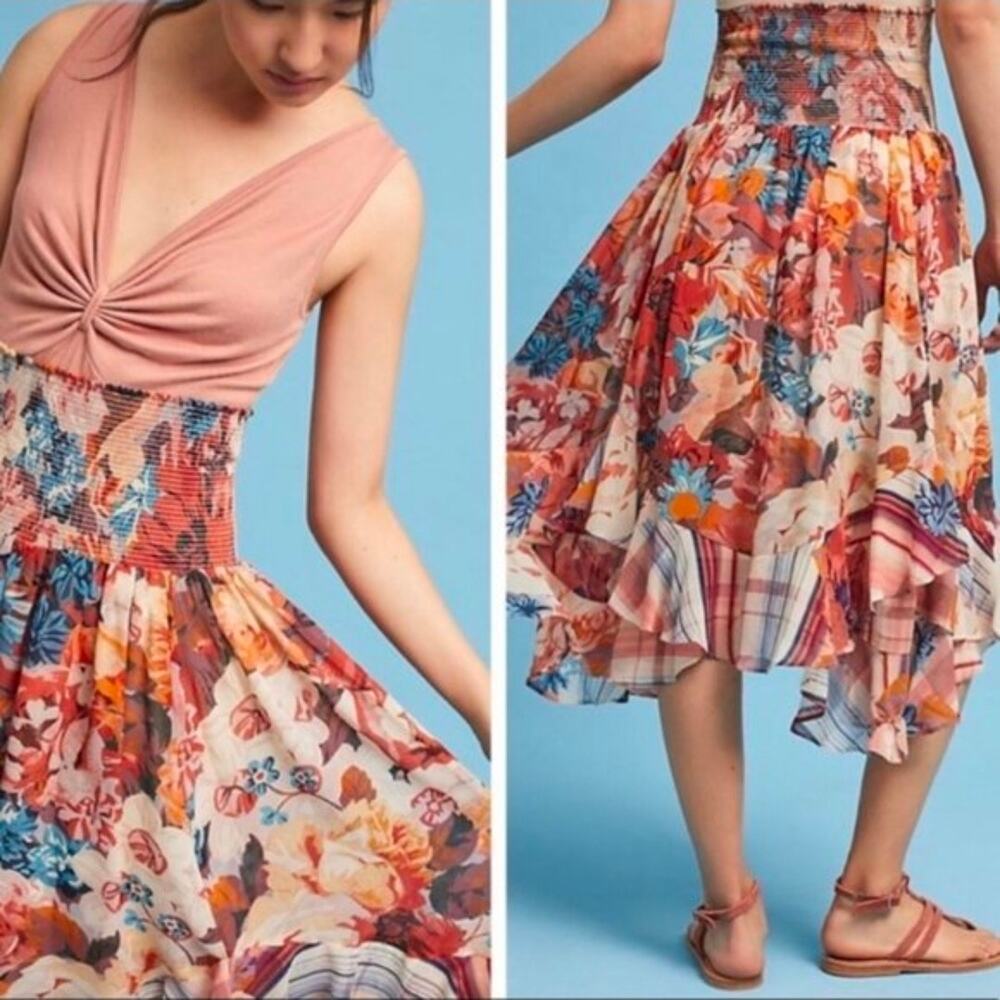 Anthropologie Akemi Kin Smocked Mixed Print Floral Maxi Skirt/Strapless Dress XS